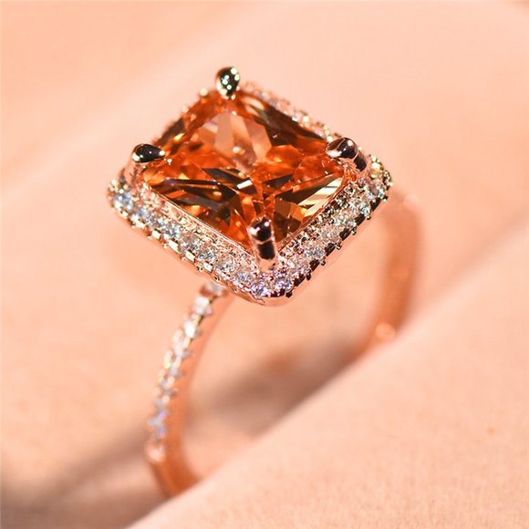 ✨ Luxury Gemstone Rectangle Champagne Rose Gold Ring for Women, VIP151 - Picture 1 of 7